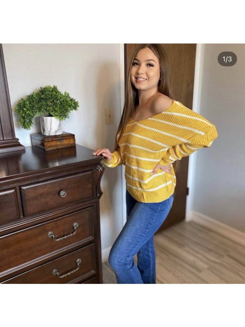 MAIN STRIP Mustard Yellow White Striped Knit Sweater Women’s Medium M NWT 0462